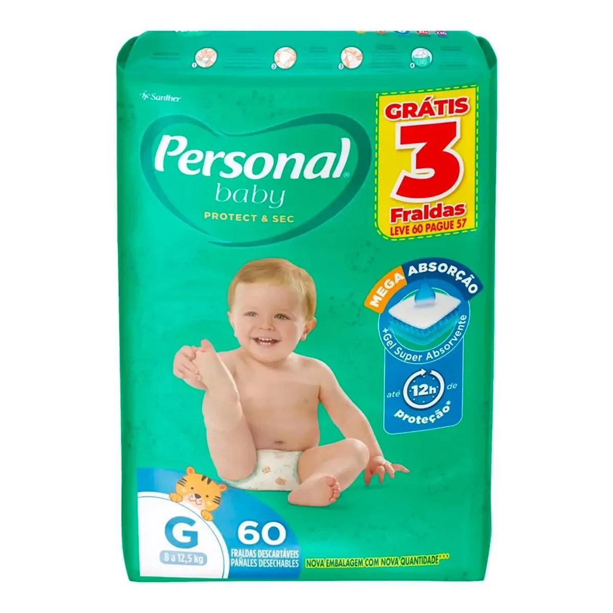 Fralda Descartável Personal Baby Protect Sec G Pacote Leve 60 Pague 57 Unidades