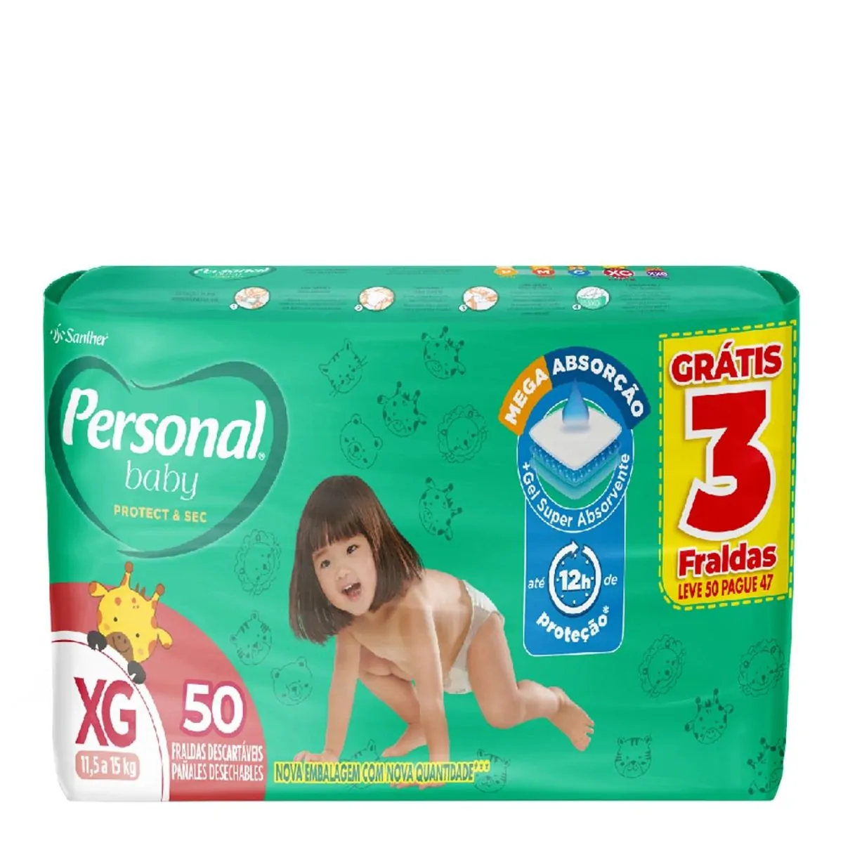 Fralda Descartável Personal Baby Protect Sec Xg Pacote Leve 50 Pague 47 Unidades