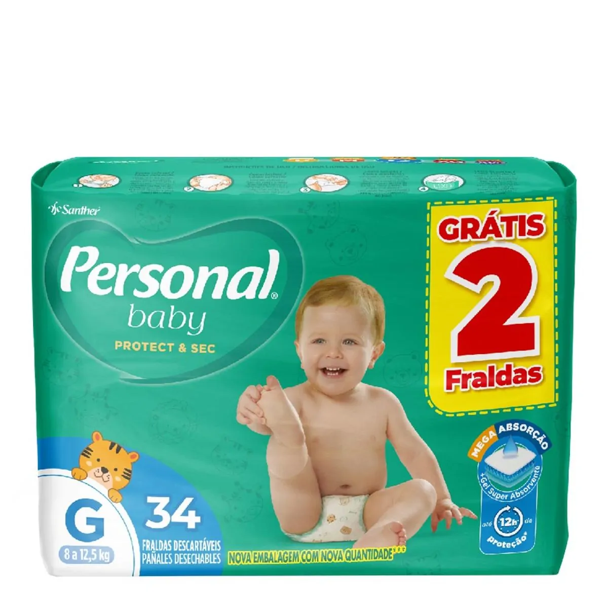 Fralda Descartável Infantil Personal Baby Protect & Sec G 34 Unidades Grátis 2 Fraldas