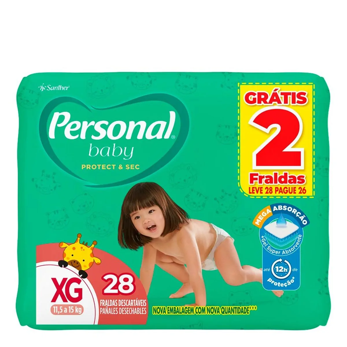 Fralda Descartável Infantil Personal Baby Protect & Sec XG Leve 28 Pague 26 Unidades