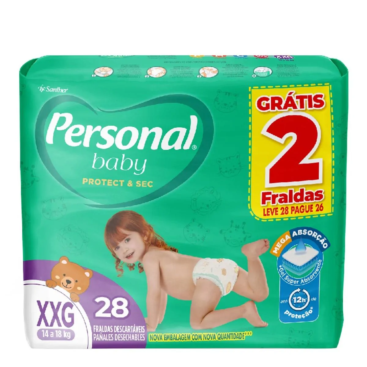 Fralda Descartável Infantil Personal Baby Protect & Sec XXG Leve 28 Pague 26 Unidades