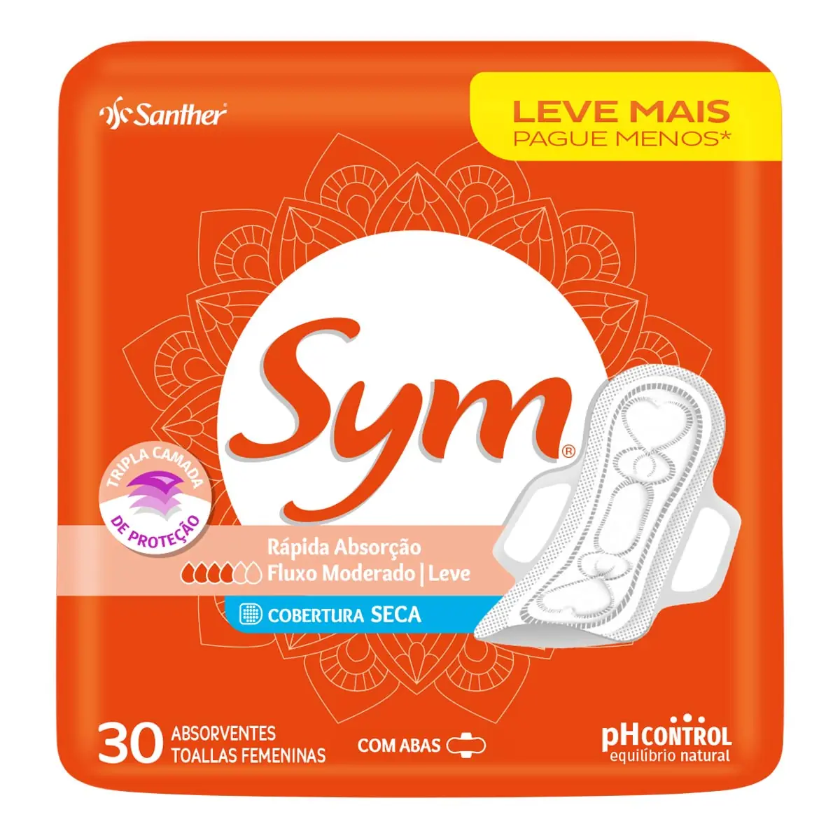 Absorvente Sym Total Protect Cobertura Seca com Aba Pacote 30 Unidades Leve Mais Pague Menos