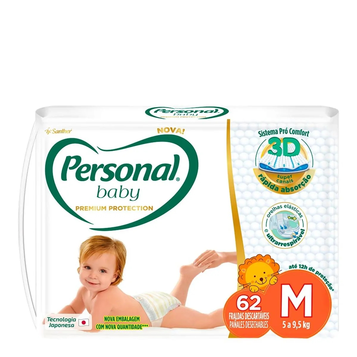 Fralda Descartável Personal Baby Premium Protection M Pacote 62 Unidades