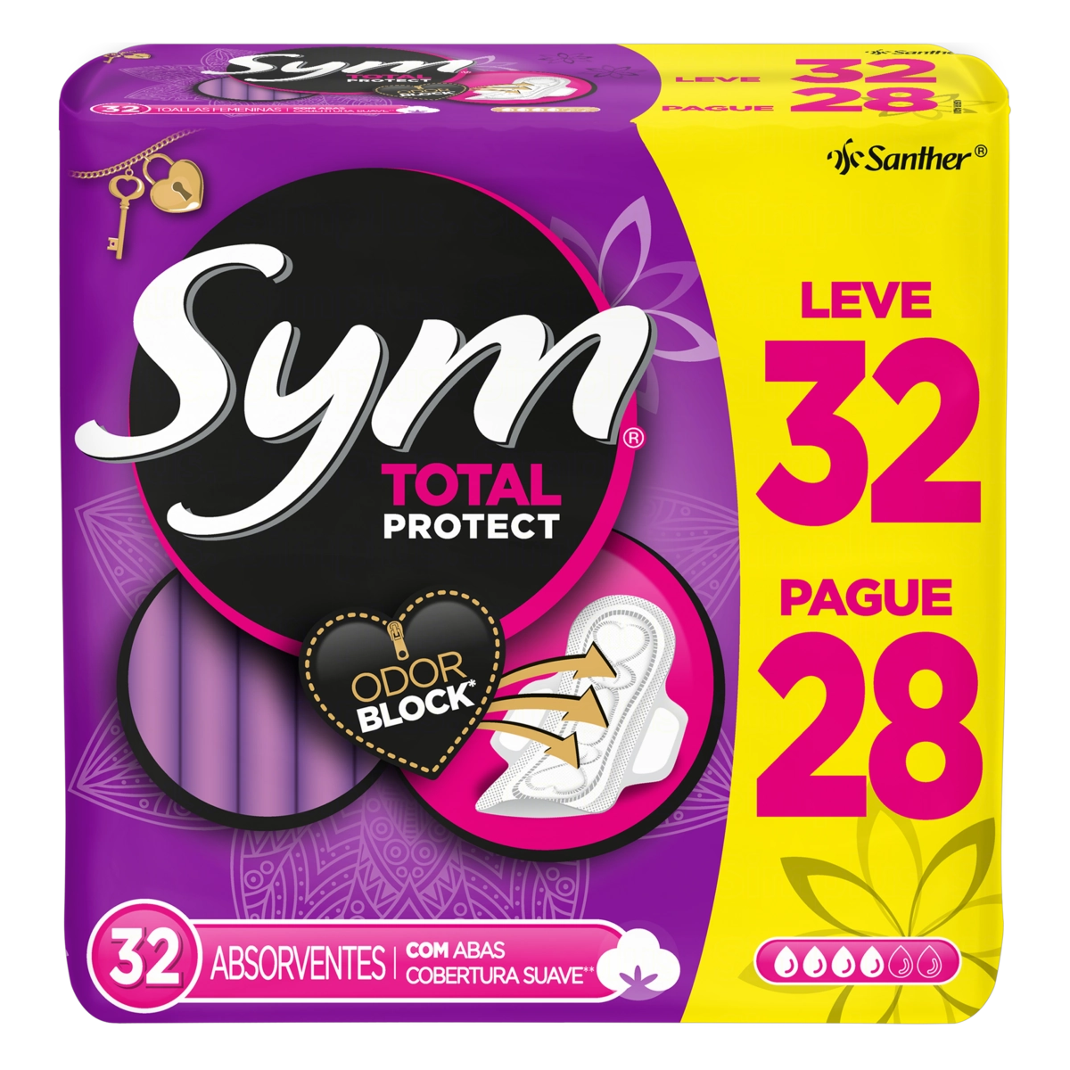 Absorvente Com Abas Total Protect Suave Sym Pacote Leve 32 Pague 28 Unidades