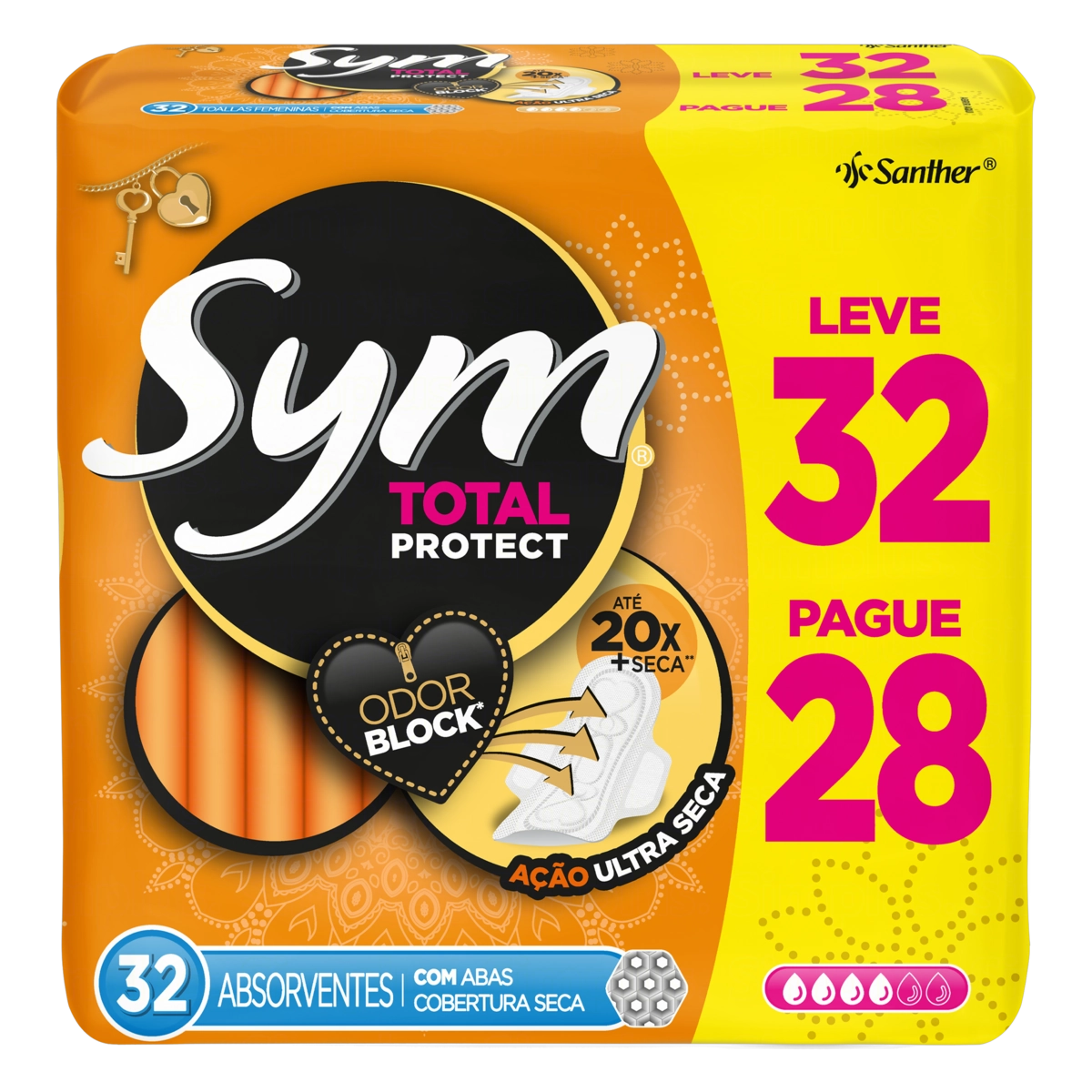Absorvente Com Abas Total Protect Seca Sym Pacote Leve 32 Pague 28 Unidades