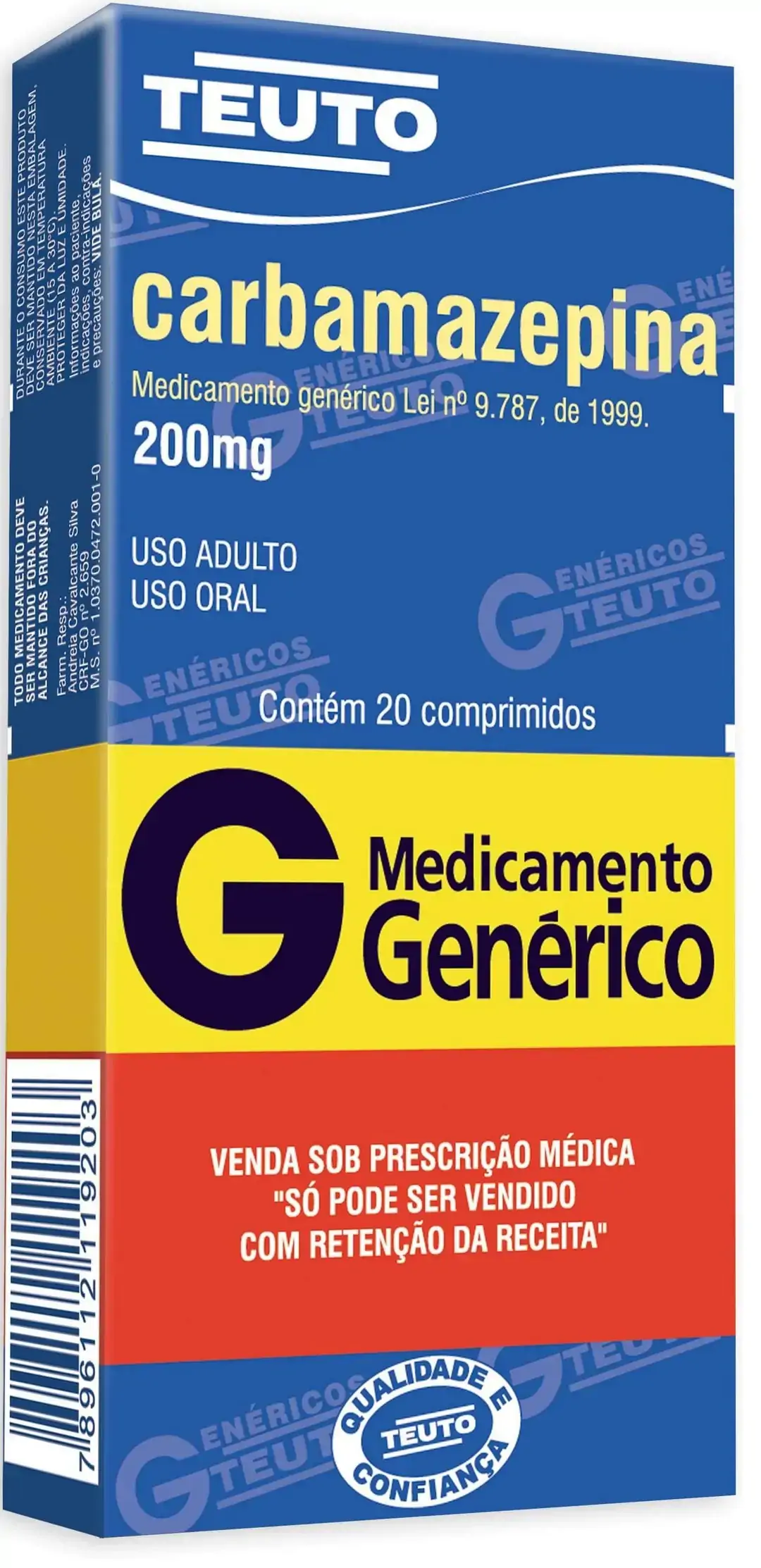 Carbamazepina 200 Mg 20 Comprimidos Teuto Genérico