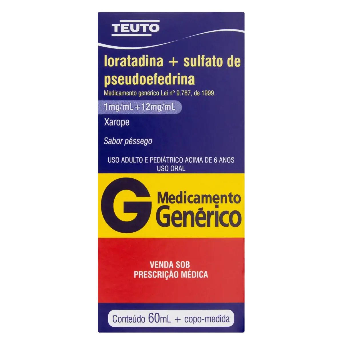 Xarope Loratadina Sulfato De Pseudoefedrina Pêssego Teuto Caixa 60ml Copo Medida