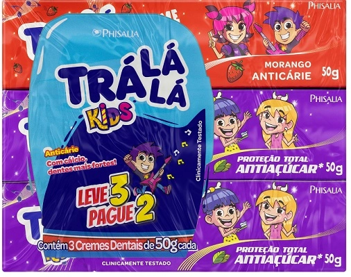 Kit 1 Creme Dental Com Flúor Morango 2 Proteção Total Antiaçúcar Trá Lá Lá Kids Leve 3 Pague 2 Unida