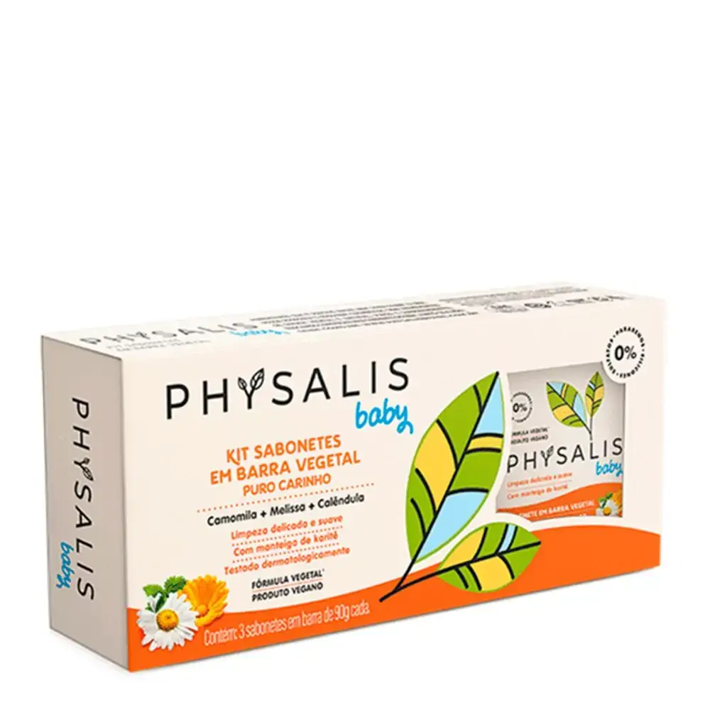 Pack Sabonete Barra Vegetal Camomila Melissa Calêndula Physalis Baby Puro Carinho Caixa 3 Unidades 9