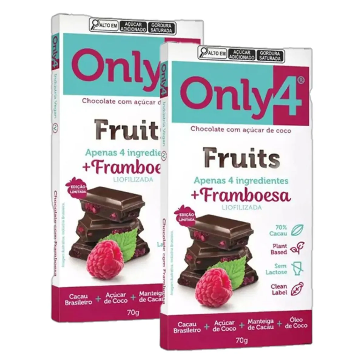 Kit 2X: Chocolate 70% Cacau com Framboesa Sem Lactose Vegano Only4 70G