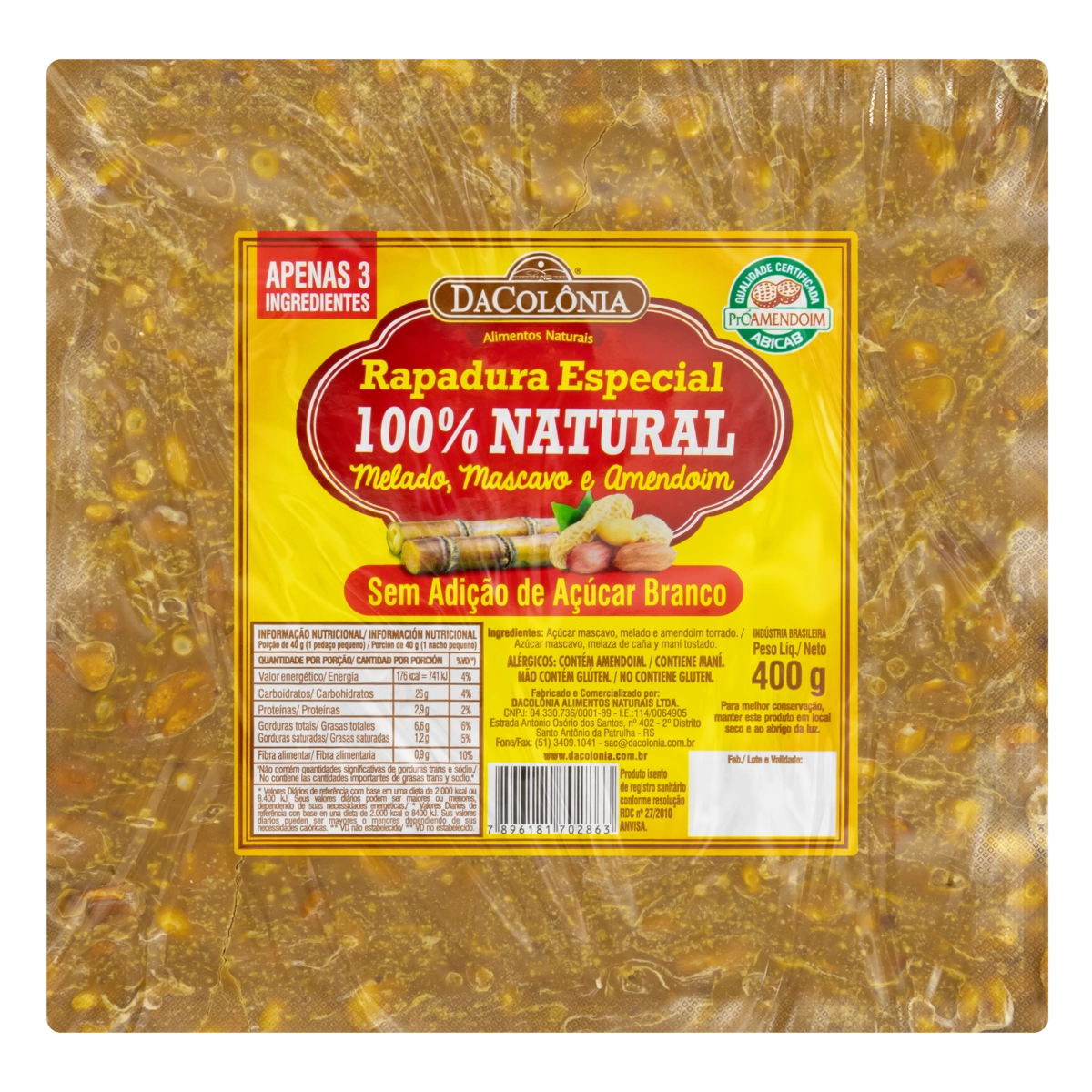 Rapadura Com Melado, Mascavo E Amendoim Especial Sem Glúten Dacolônia 400g