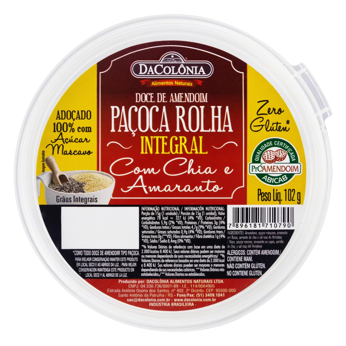 Pack Paçoca Integral Com Chia E Amaranto Dacolônia Pote 102g
