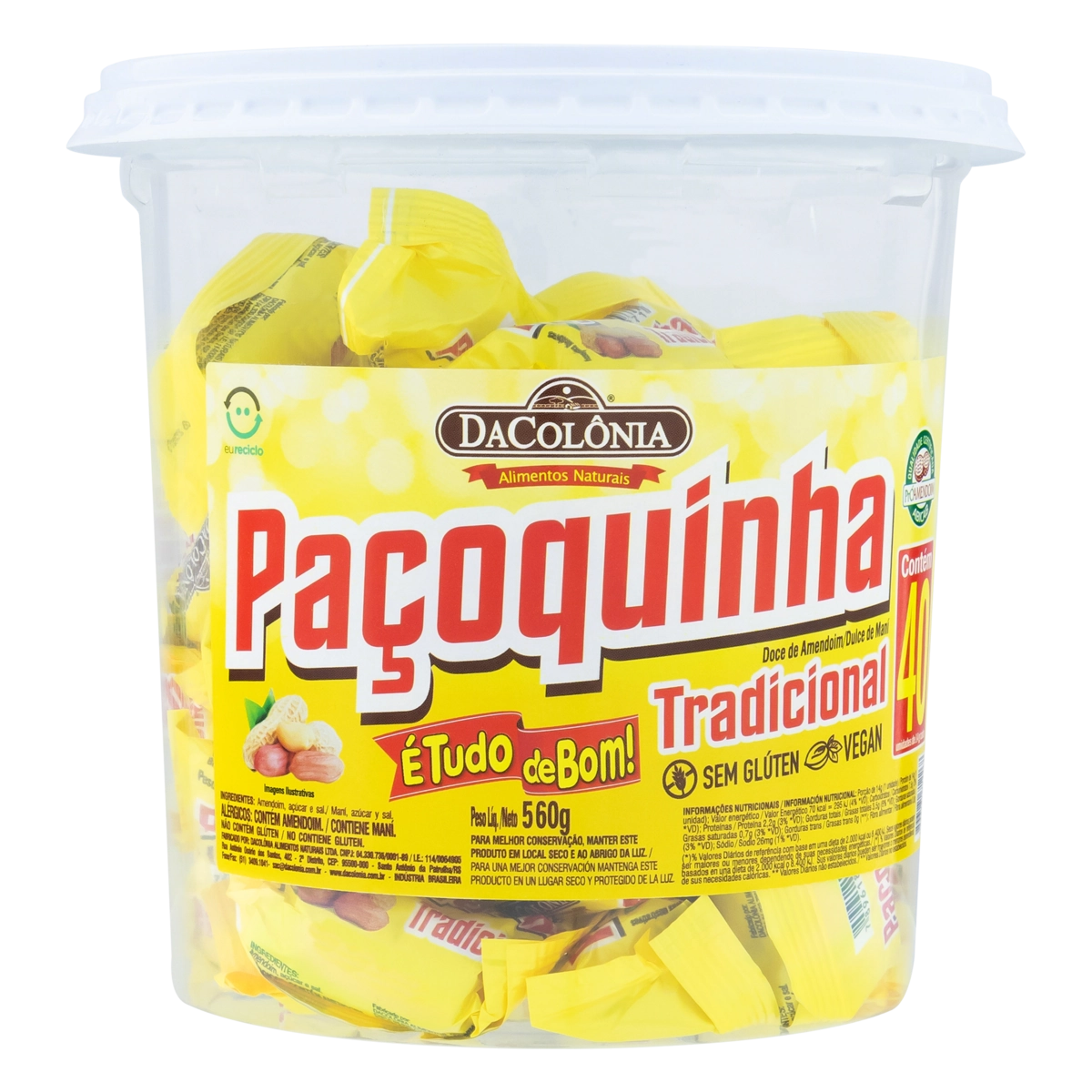 Pack Paçoquinha Tradicional Dacolônia Pote 560g 40 Unidades
