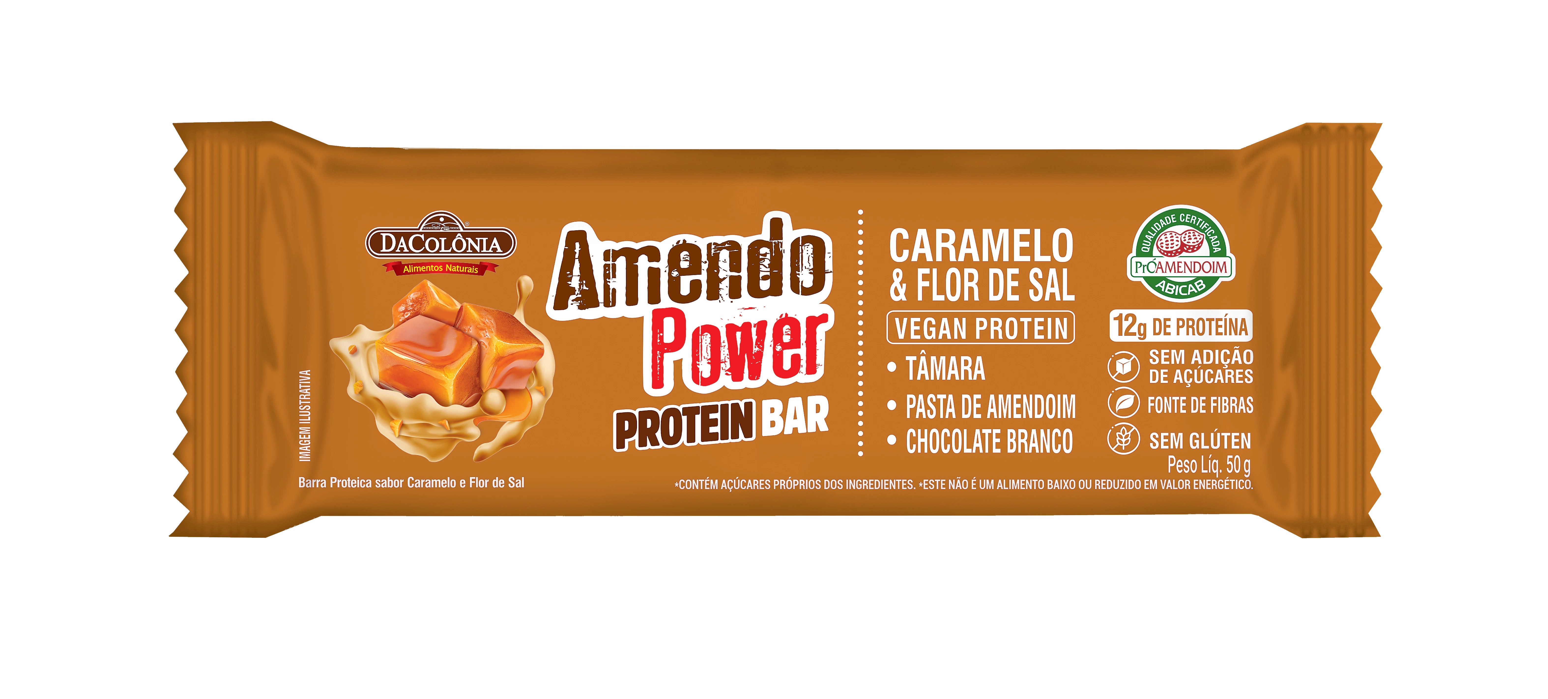 Barra De Proteína Caramelo Flor De Sal Dacolônia Amendo Power Protein Bar Pacote 50g