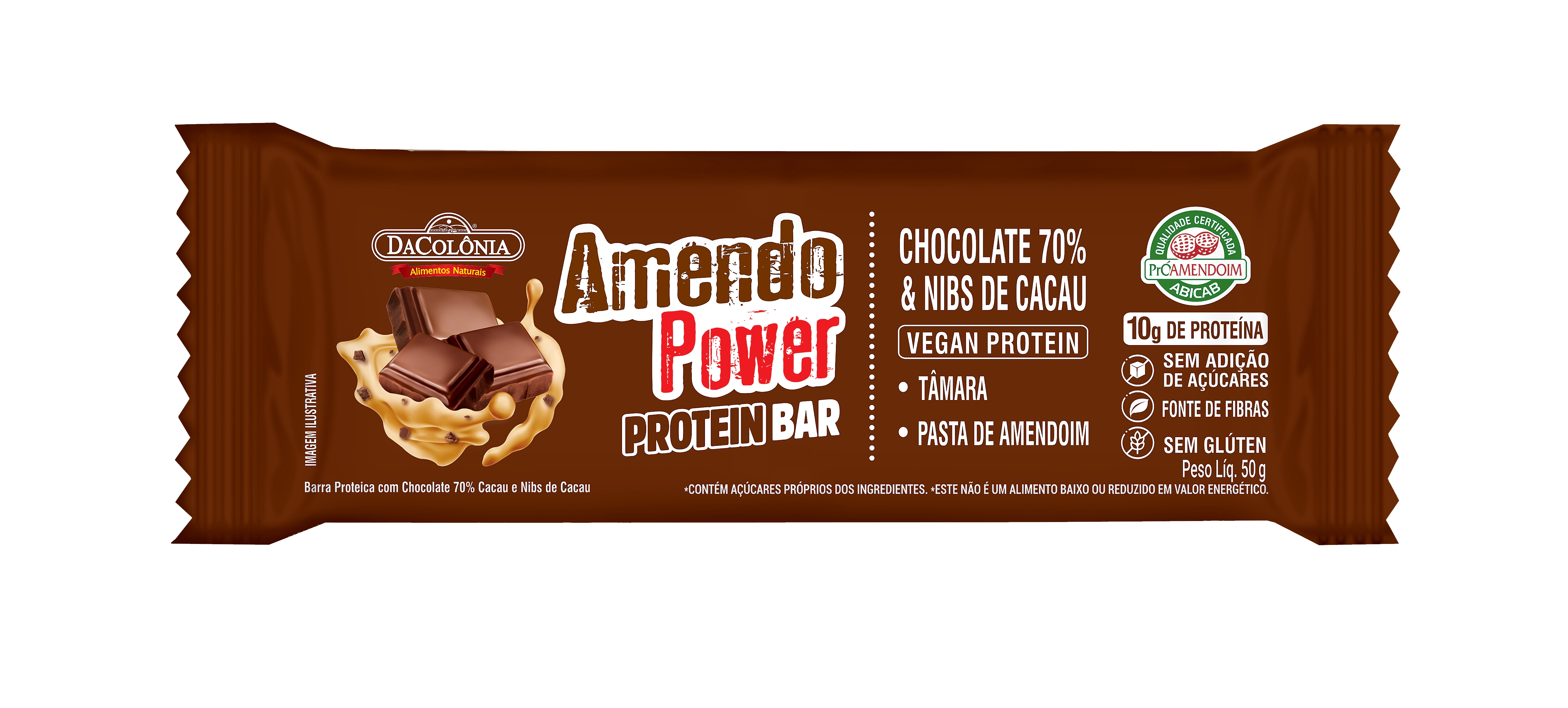 Barra De Proteína Chocolate 70 Nibs De Cacau Dacolônia Amendo Power Protein Bar Pacote 50g