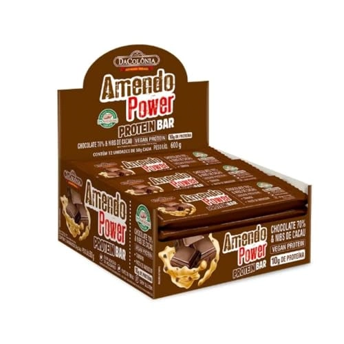 Barra De Proteína Vegano Chocolate 70 E Nibs De Cacau Dacolônia Amendo Power Protein Bar Caixa 600g