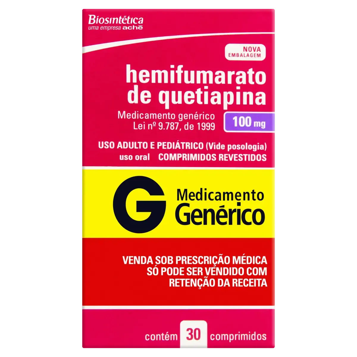 Hemifumarato De Quetiapina 100mg Aché Caixa 30 Comprimidos Revestidos