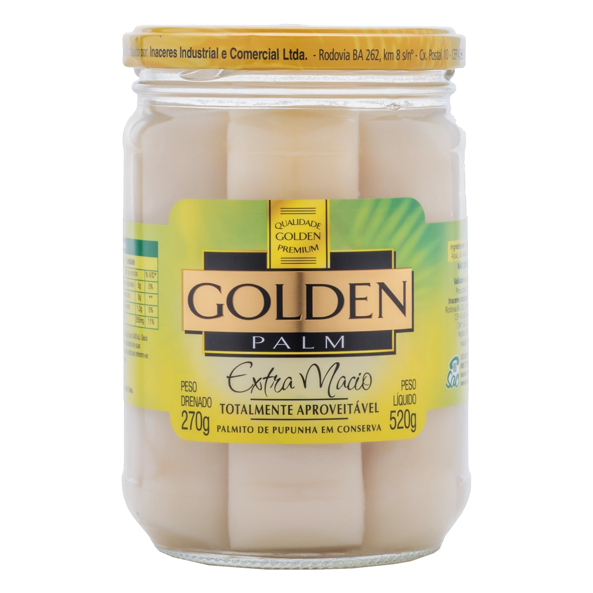Palmito Pupunha Em Conserva Extra Macio Golden Palm Vidro 270g