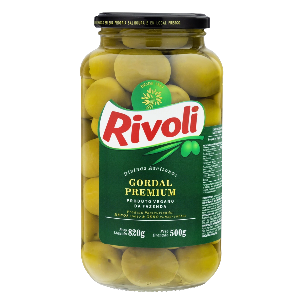 Azeitona Verde Em Conserva Gordal Rivoli Premium Vidro 500g