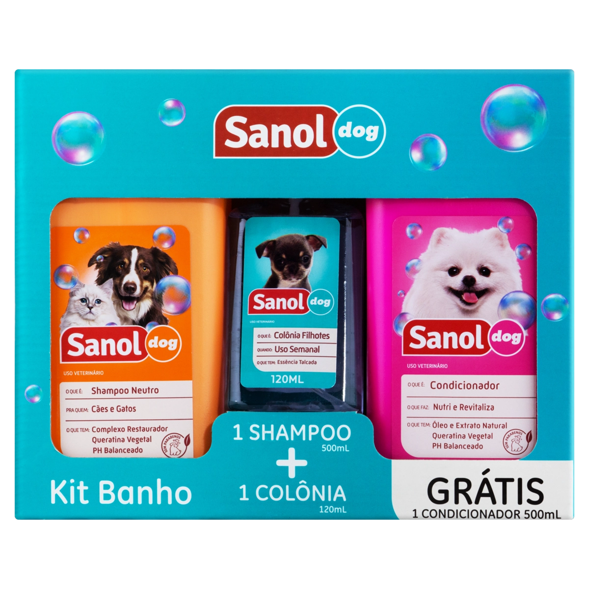 Kit 1 Shampoo 500ml + 1 Colônia 120ml Uso Veterinário Grátis 1 Condicionador 500ml SANOL DOG