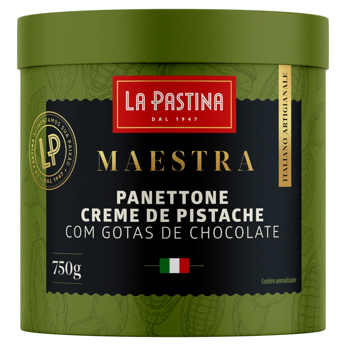 Panettone com Gotas de Chocolate Creme de Pistache La Pastina Maestra Lata 750g