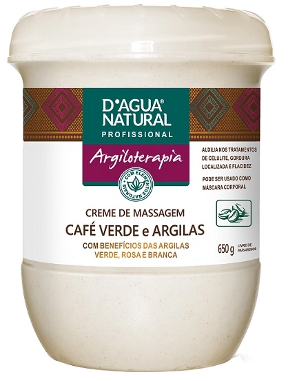Creme de Massagem Café Verde e Argilas 650g D'agua Natural