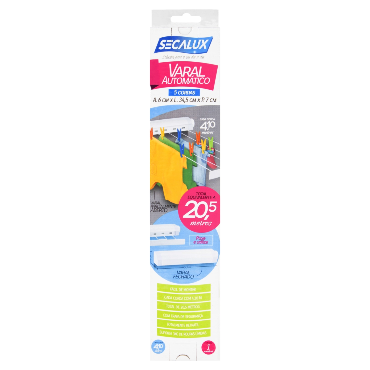 Varal De Parede Automático Branco Secalux 6cm X 34,5cm X 7cm