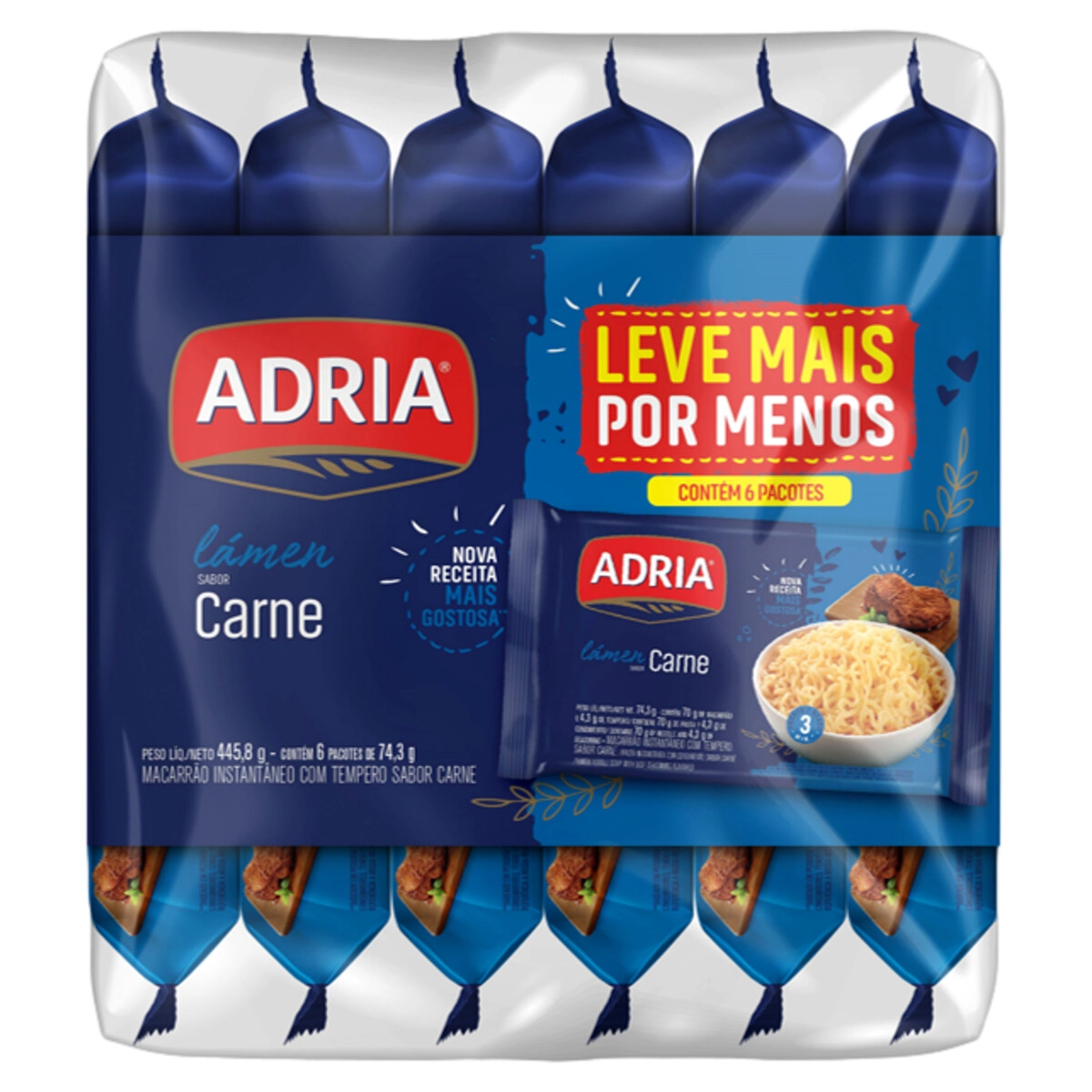 Pack Macarrão Instantâneo Lámen Carne Adria Pacote 445,8g 6 Unidades Leve Mais Pague Menos