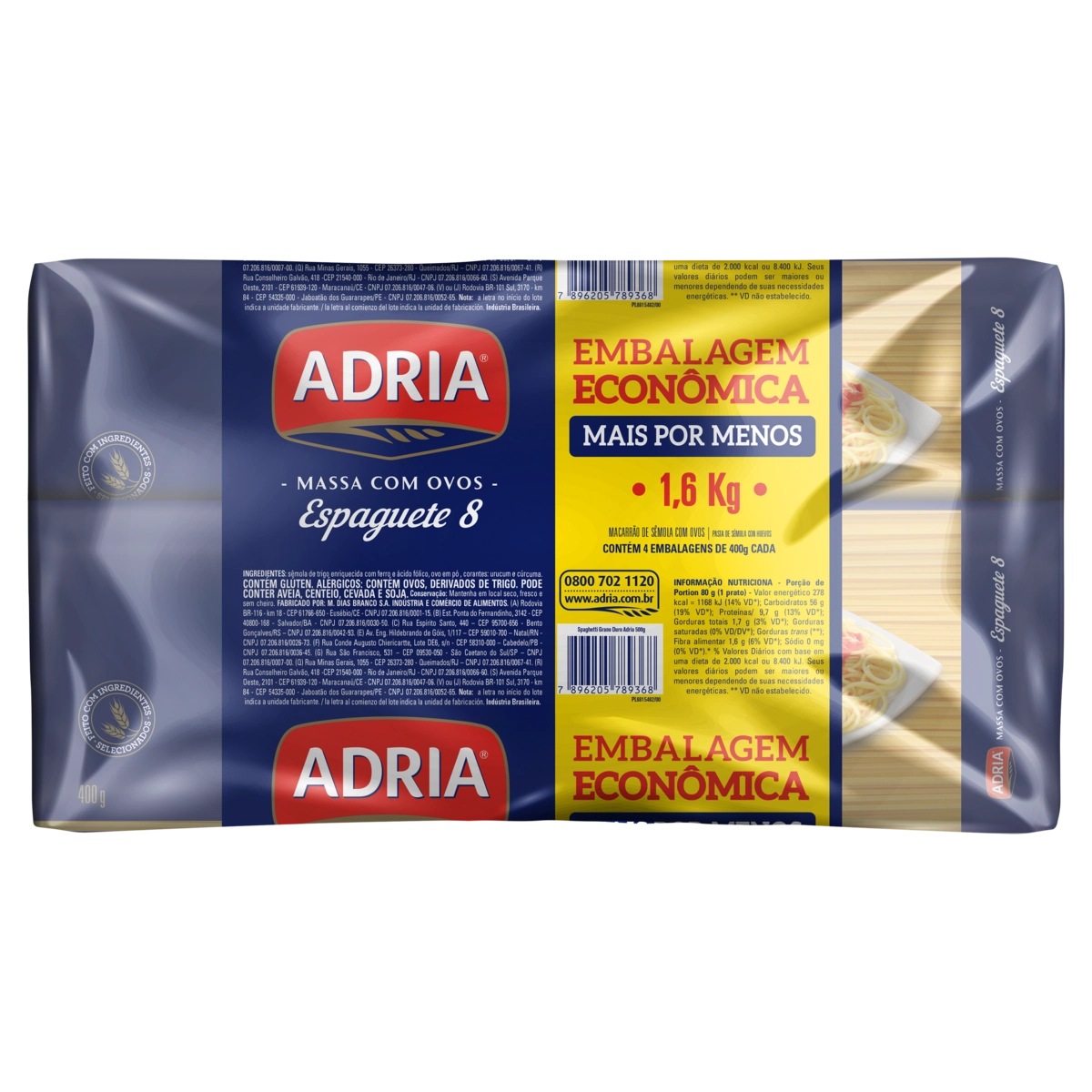Pack Macarrão De Sêmola Com Ovos Espaguete 8 Adria Pacote 1,6kg 4 Unidades Embalagem Econômica