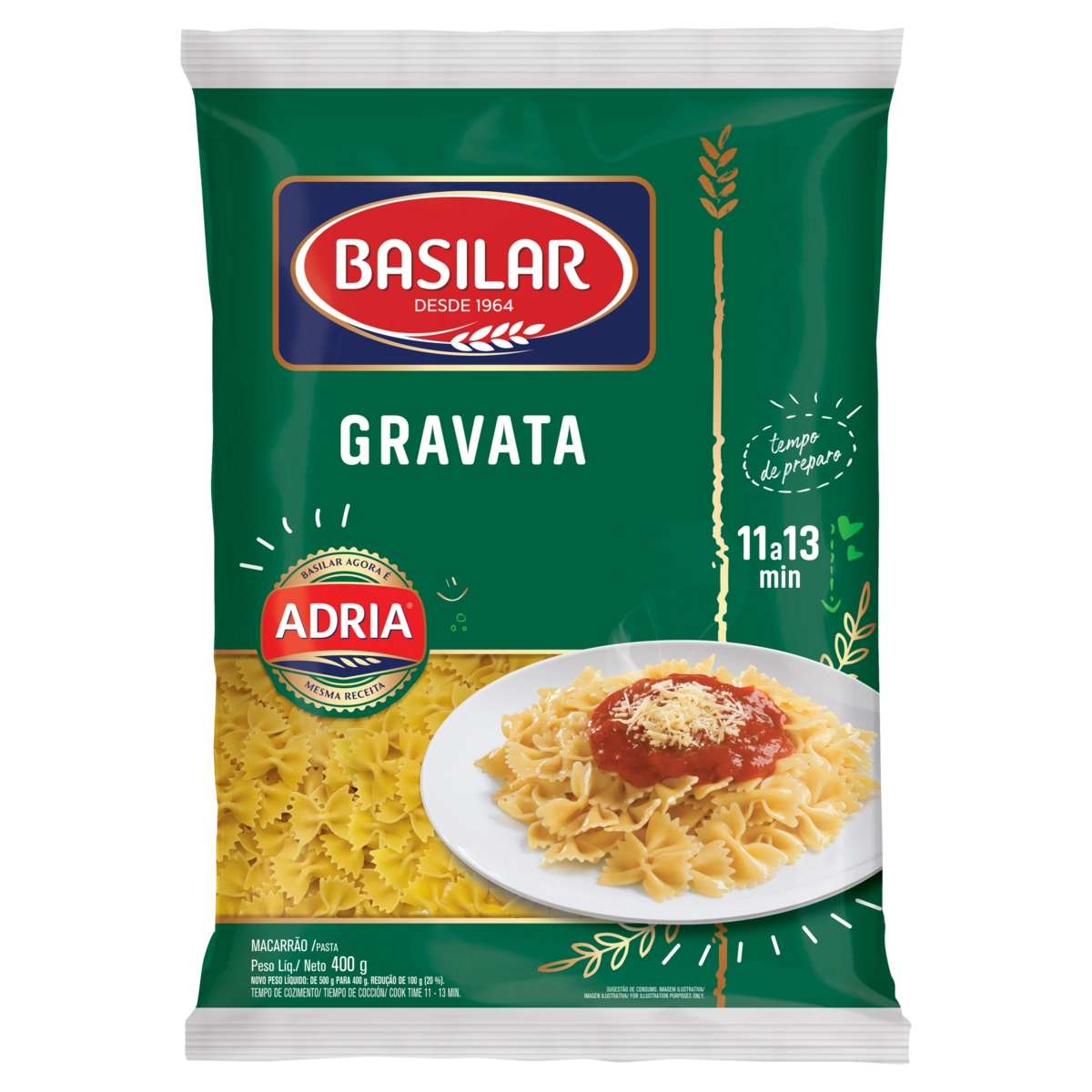 Macarrão Semolado Gravata Basilar Pacote 400g