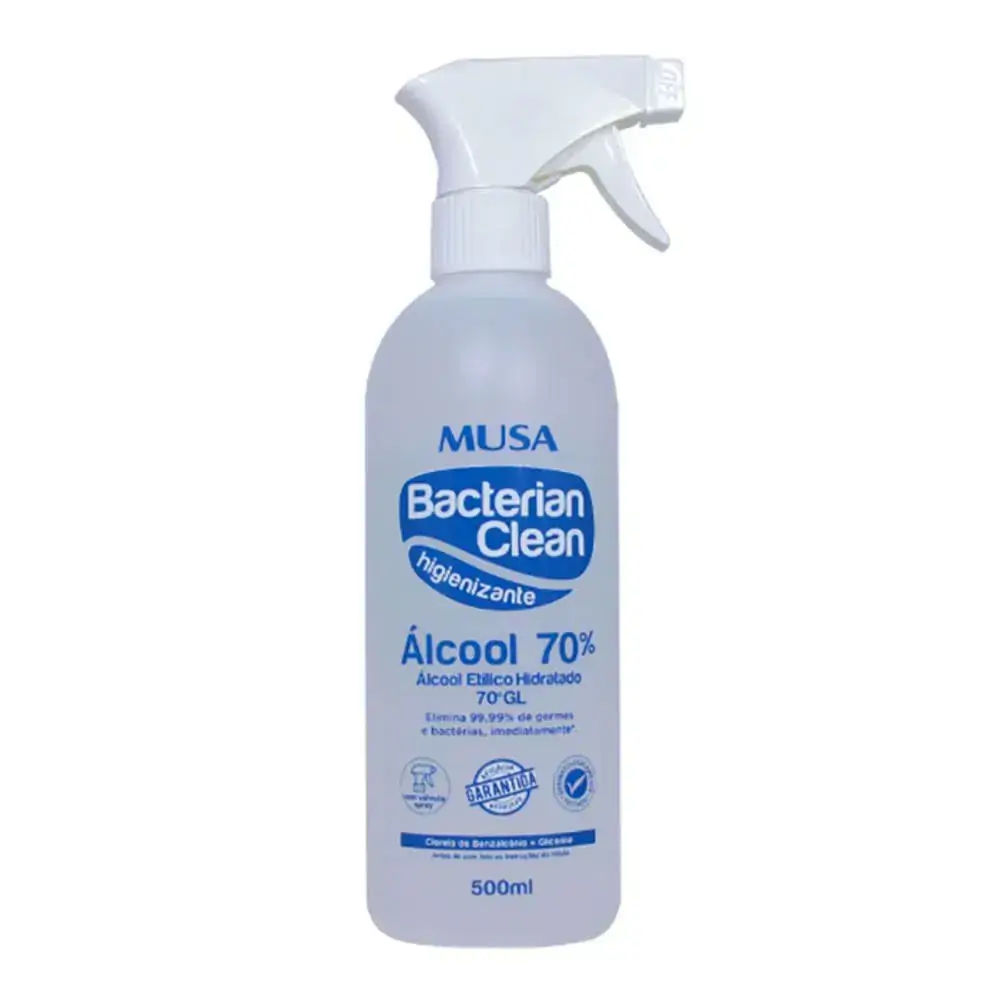 álcool Líquido 70 Inpm Antisséptico Musa Bacterian Clean Frasco 500ml Borrifador