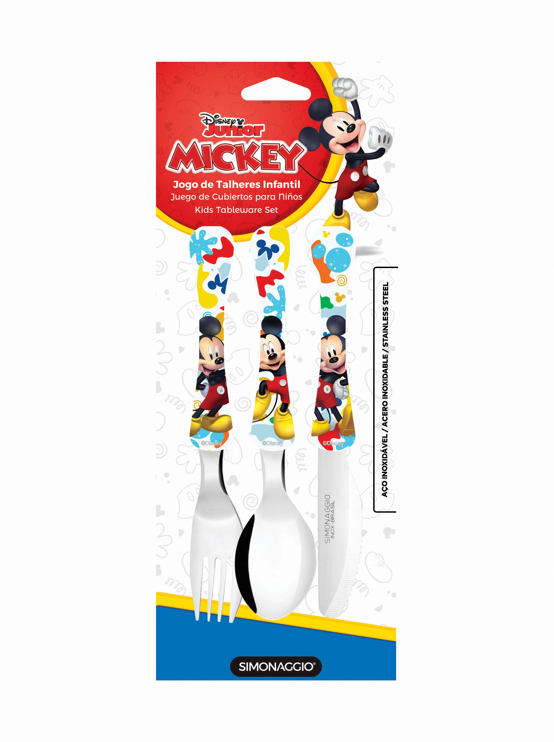 Conjunto de Talheres Mickey 3 Peças Garfo Faca Colher Inox Disney Infantil Simonaggio