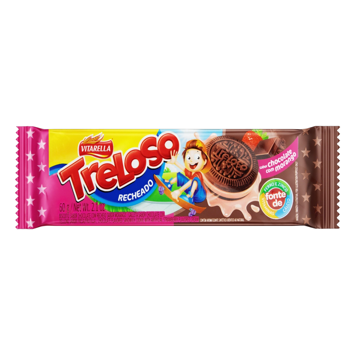 Biscoito Chocolate Recheio Morango Vitarella Treloso Pacote 60g