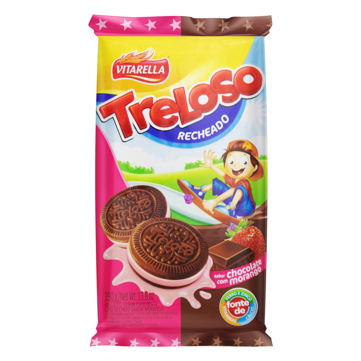 Biscoito Chocolate Recheio Morango Vitarella Treloso Pacote 390g