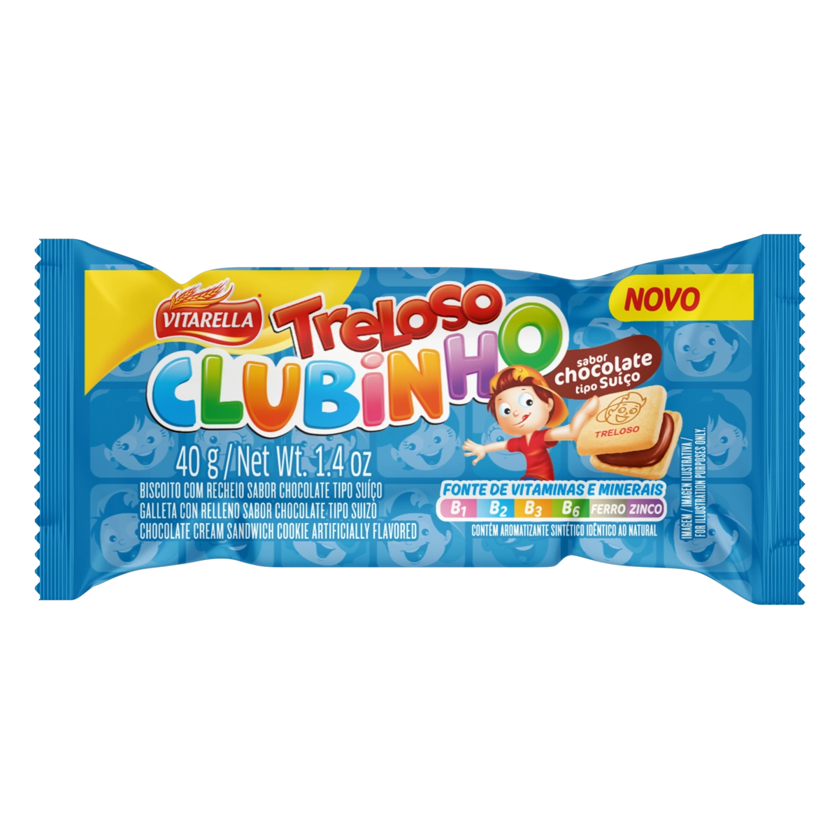 Biscoito Recheio Chocolate Tipo Suíço Vitarella Treloso Clubinho Pacote 40g