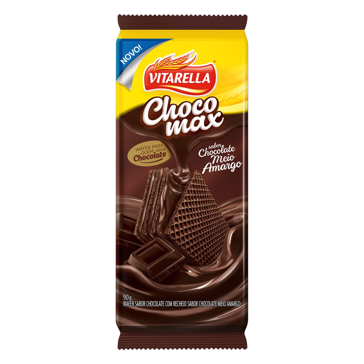 Biscoito Wafer Chocolate Recheio Chocolate Meio Amargo Vitarella Chocomax Pacote 90g