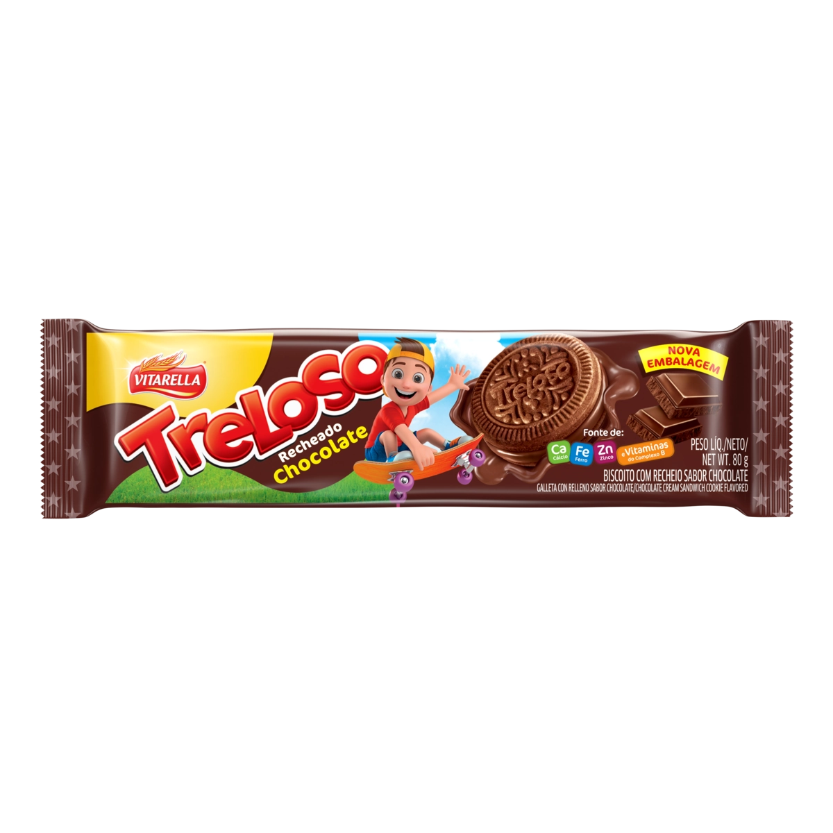 Biscoito Recheio Chocolate Vitarella Treloso Pacote 80g