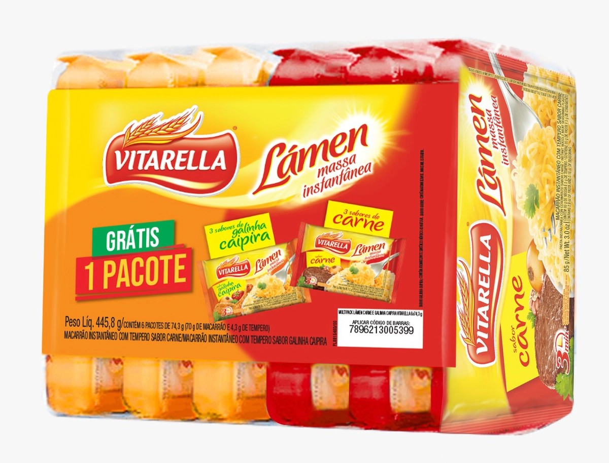 Kit 3 Macarrões Instantâneos Lámen Carne 3 Galinha Caipira Vitarella 74,3g Cada Grátis 1 Pacote