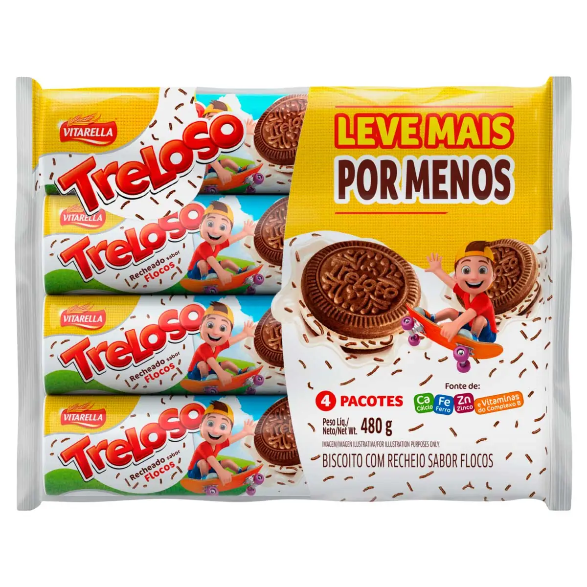 Pack Biscoito Recheado de Flocos Vitarella Treloso 480g 4 Unidades Leve Mais Pague Menos