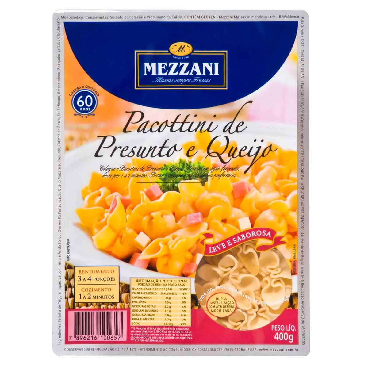 Pacottini Fresca Mezzani Massa com ovos Gourmet Presunto e Queijo 400g