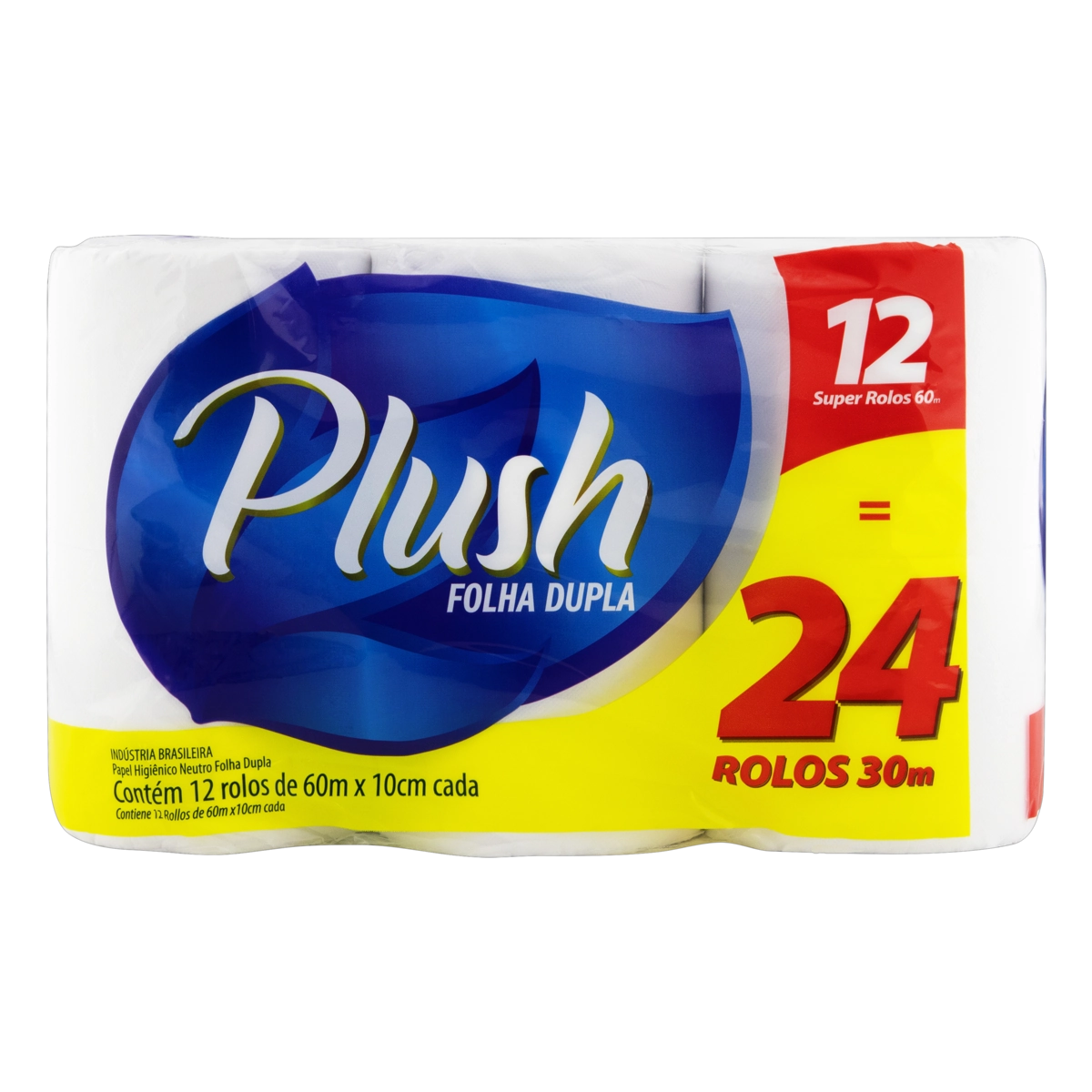 Papel Higiênico Folha Dupla Neutro Plush 60m Pacote 12 Unidades