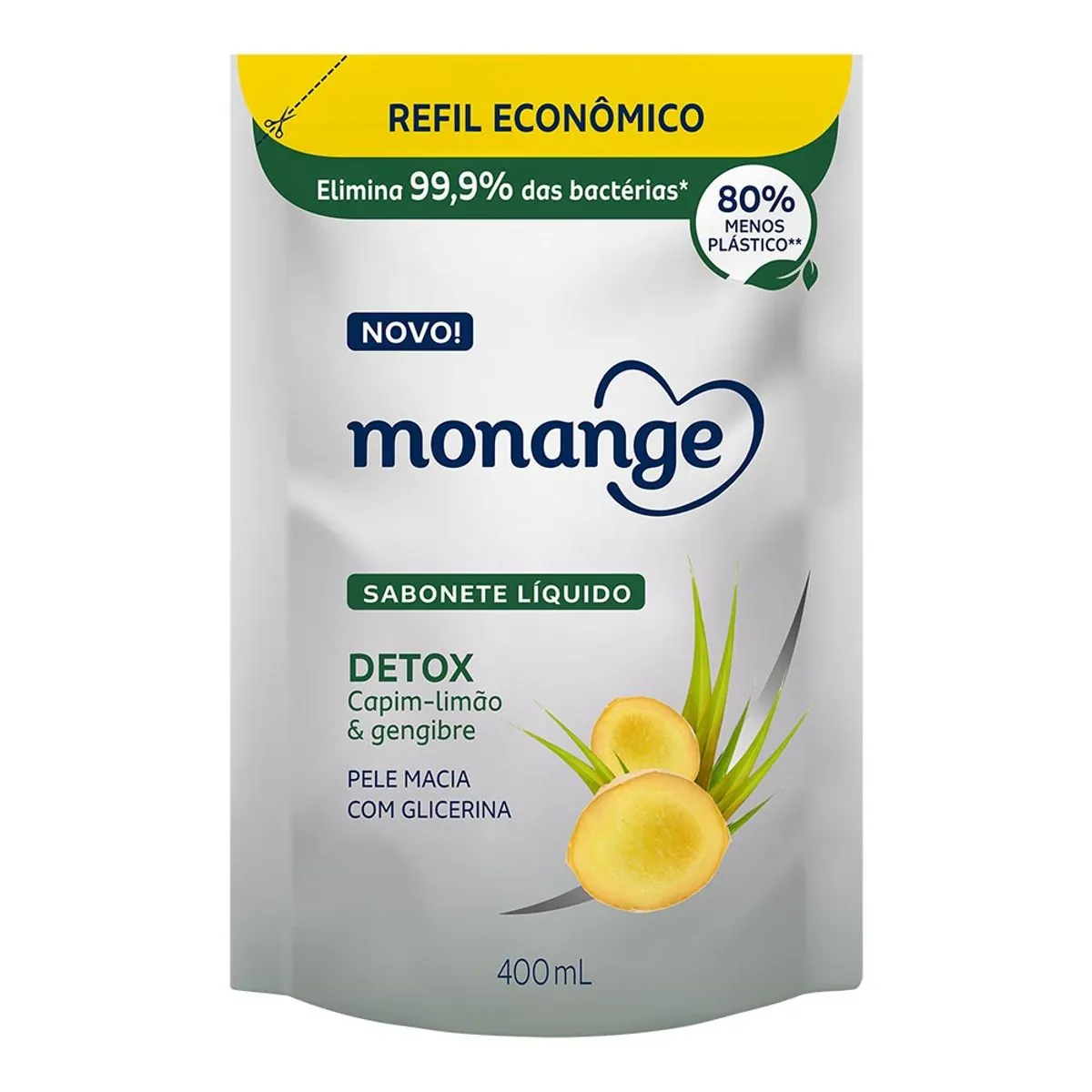 Sabonete Líquido Detox Capim Limão Gengibre Monange Sachê 400ml Refil Econômico