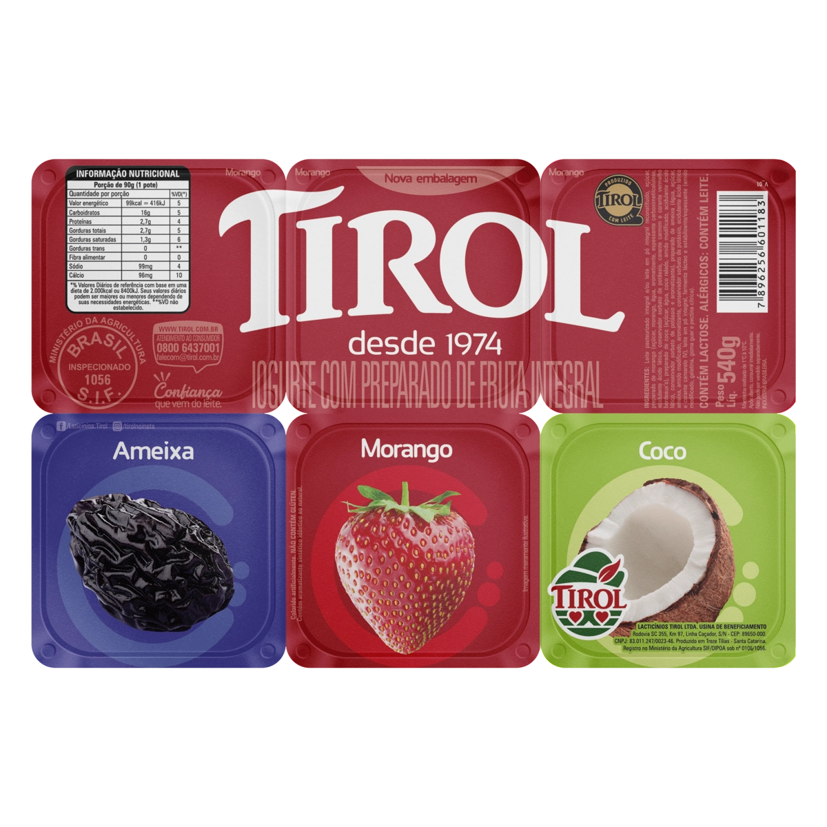 Iogurte Integral Salada De Frutas Morango Coco Tirol Bandeja 480g 6 Unidades