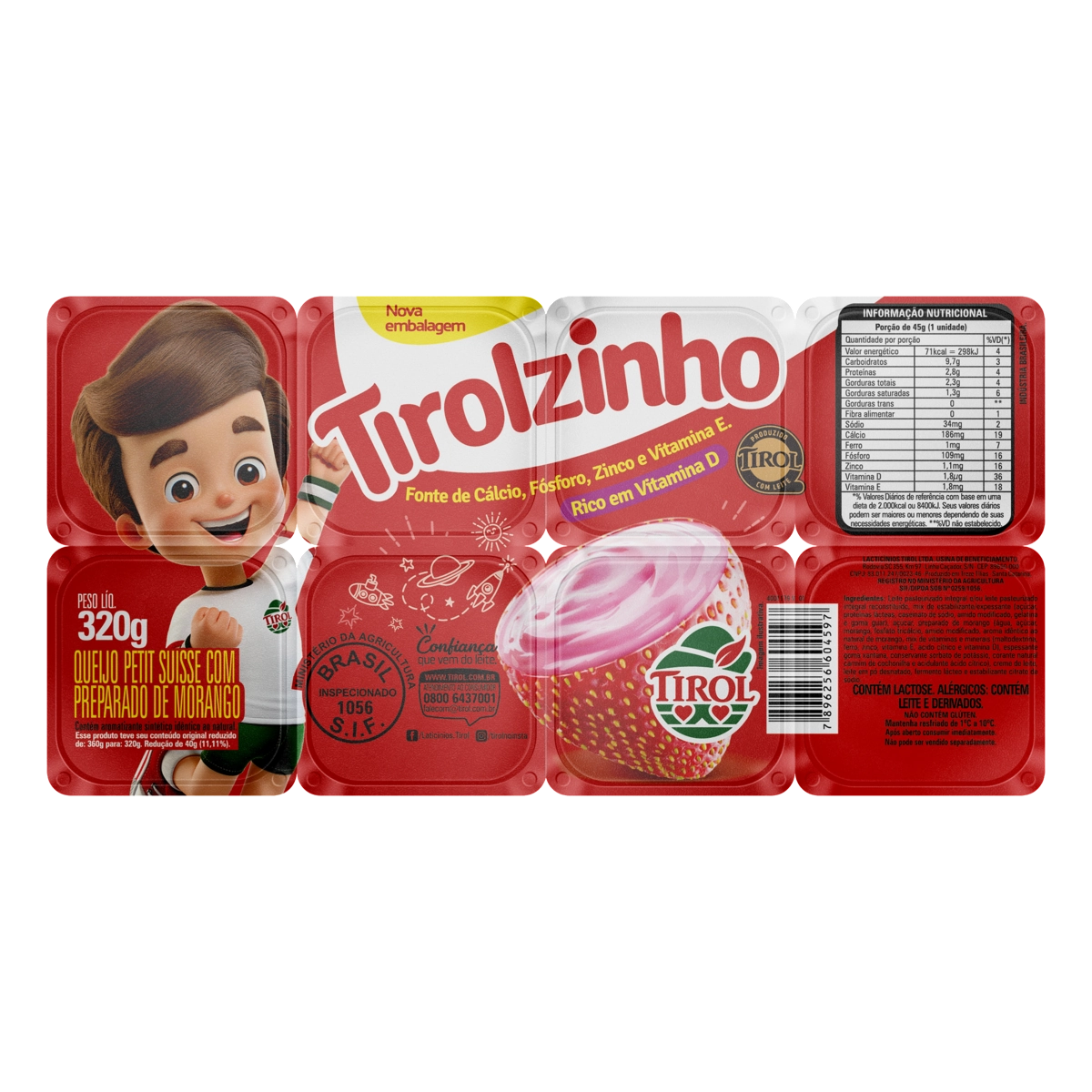 Queijo Petit Suisse Morango Tirol Tirolzinho Bandeja 320g 8 Unidades