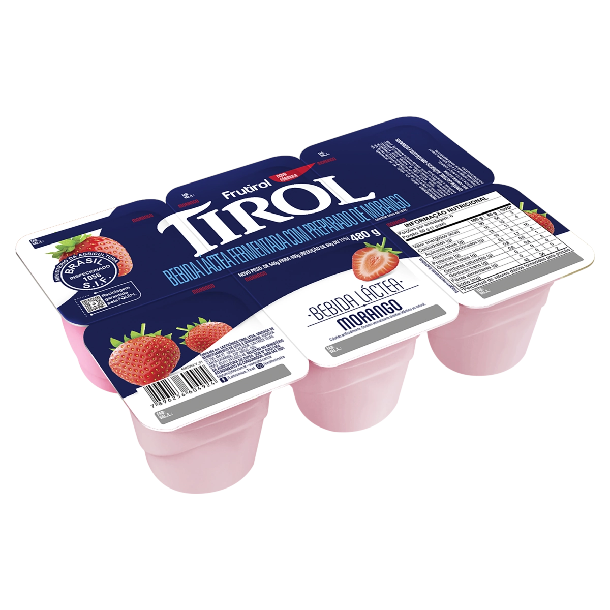Bebida Láctea Fermentada Morango Tirol Frutirol Bandeja 480g 6 Unidades