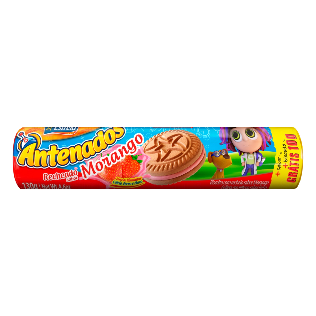 Biscoito Recheio Morango Estrela Antenados Pacote 130g Grátis 10g