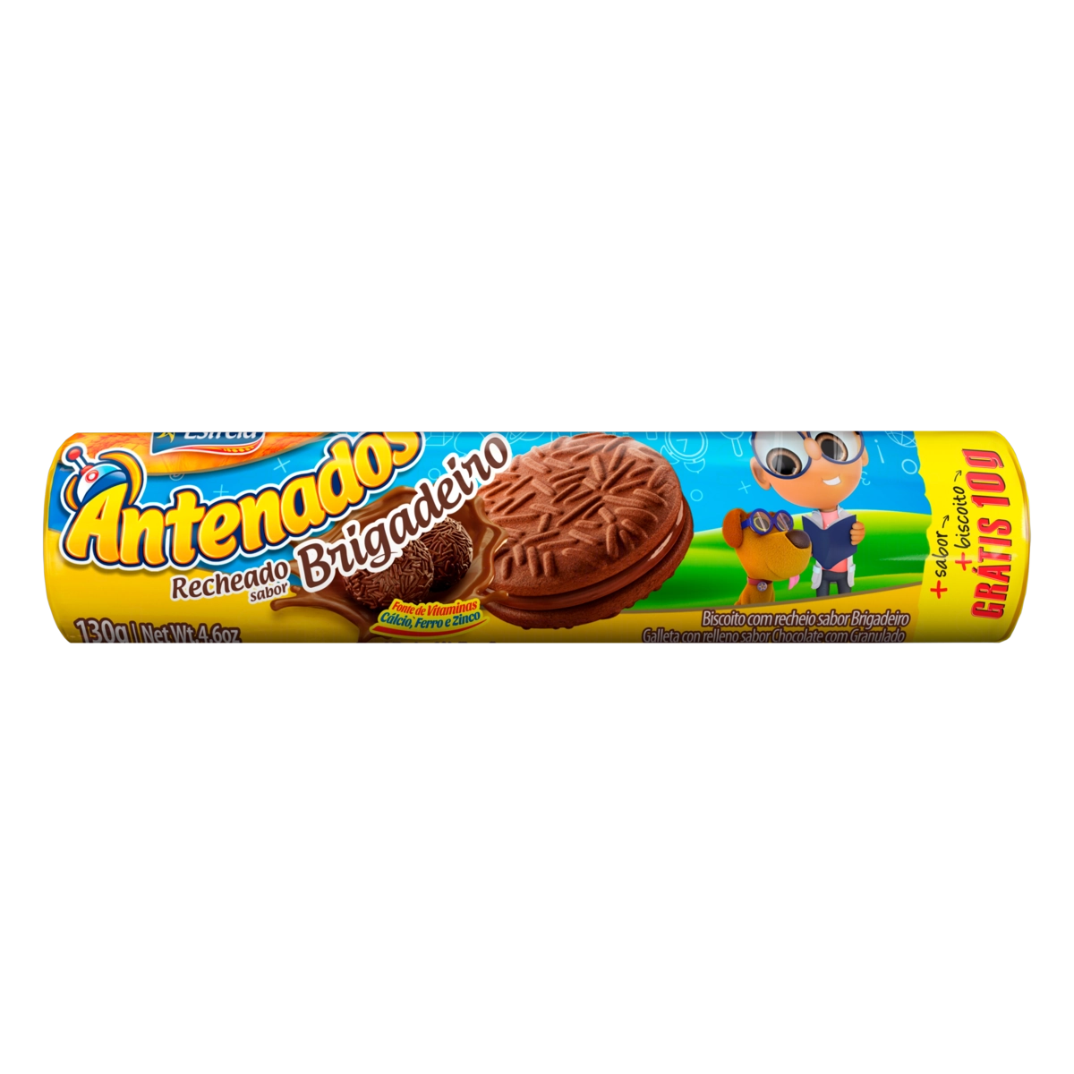 Biscoito Recheio Brigadeiro Estrela Antenados Pacote 130g Grátis 10g