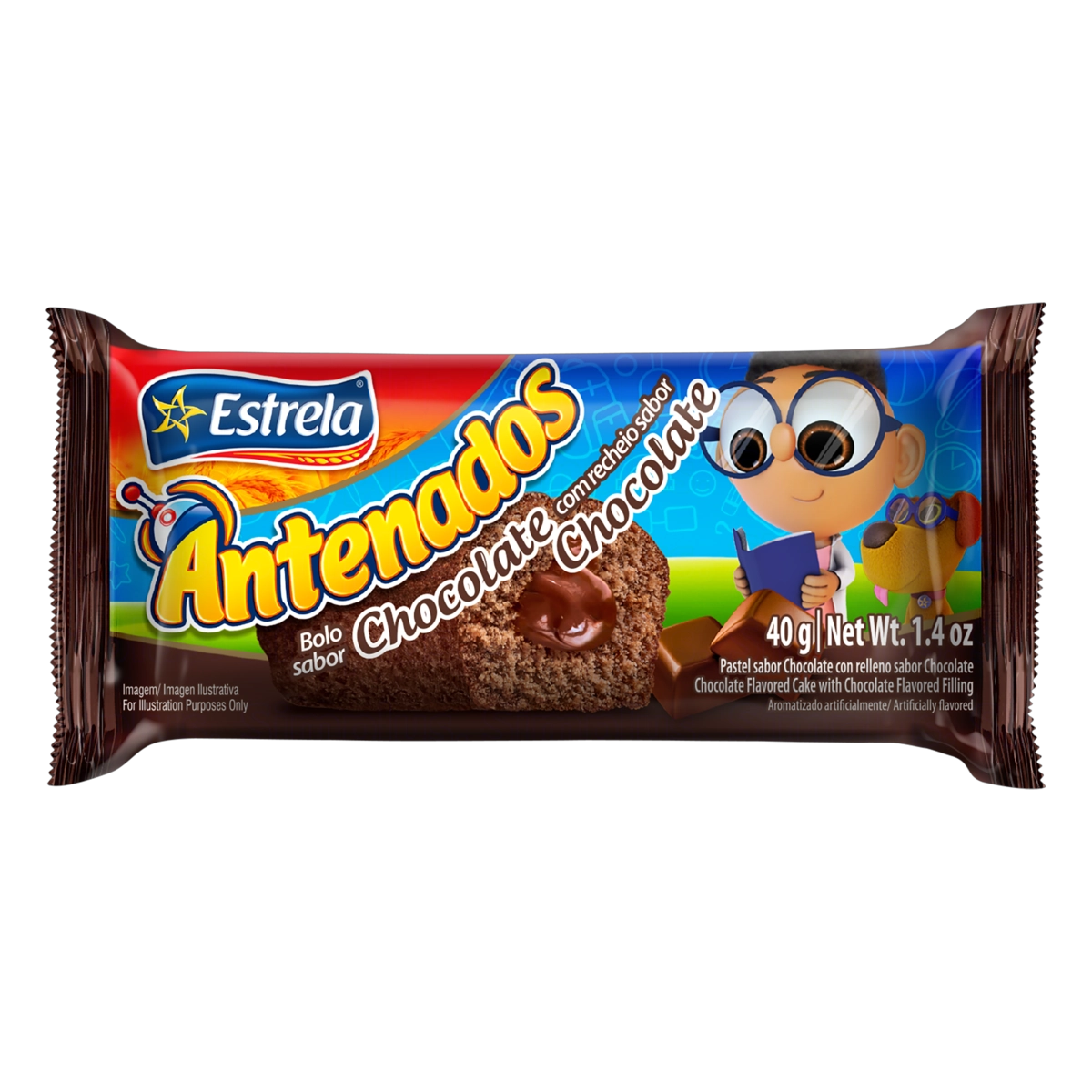 Bolo Chocolate Recheio Chocolate Estrela Antenados Pacote 40g