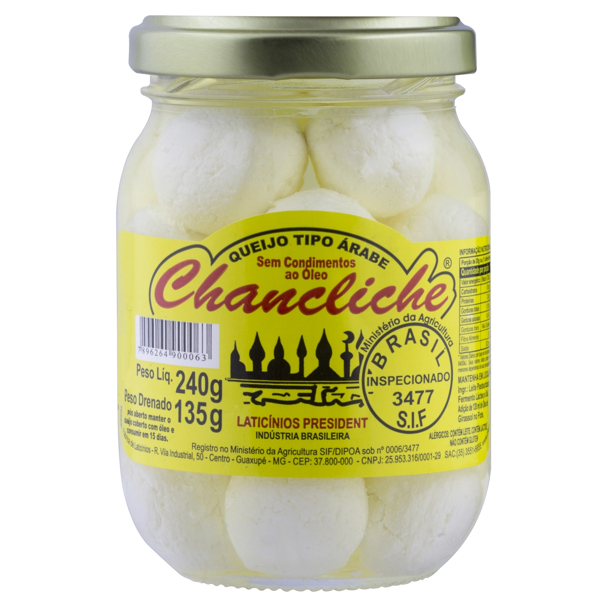 Queijo Tipo Árabe sem Condimentos ao Óleo Integral Chancliche President Vidro 135g