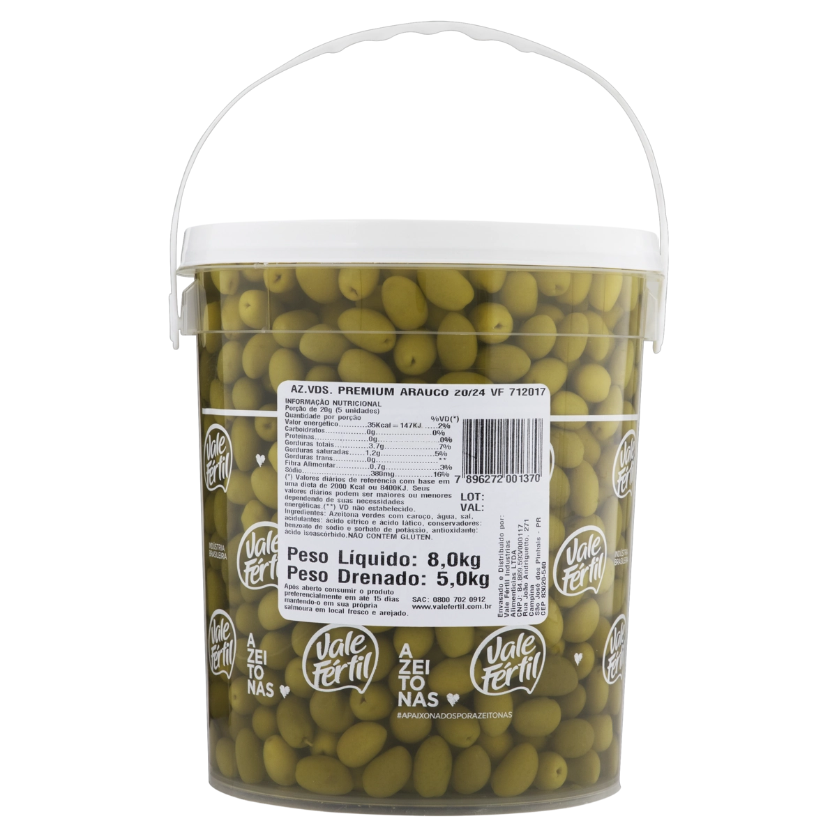 Azeitona Verde Em Conserva Arauco Vale Fértil Premium Balde 5kg